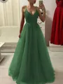 A-Line/Princess Spaghetti Straps Floor-Length Tulle Prom Dress With Appliques Lace