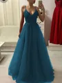 A-Line/Princess Spaghetti Straps Floor-Length Tulle Prom Dress With Appliques Lace