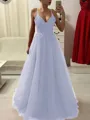 A-Line/Princess Spaghetti Straps Floor-Length Tulle Prom Dress With Appliques Lace