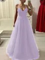 A-Line/Princess Spaghetti Straps Floor-Length Tulle Prom Dress With Appliques Lace