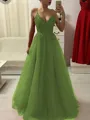 A-Line/Princess Spaghetti Straps Floor-Length Tulle Prom Dress With Appliques Lace