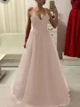 A-Line/Princess Spaghetti Straps Floor-Length Tulle Prom Dress With Appliques Lace