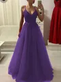 A-Line/Princess Spaghetti Straps Floor-Length Tulle Prom Dress With Appliques Lace