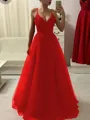 A-Line/Princess Spaghetti Straps Floor-Length Tulle Prom Dress With Appliques Lace