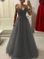 A-Line/Princess Spaghetti Straps Floor-Length Tulle Prom Dress With Appliques Lace