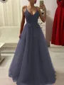 A-Line/Princess Spaghetti Straps Floor-Length Tulle Prom Dress With Appliques Lace