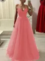A-Line/Princess Spaghetti Straps Floor-Length Tulle Prom Dress With Appliques Lace