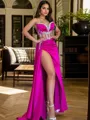 Sheath Sweetheart Rhinestone Sweep Train Satin Corset Porm Dress