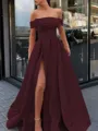 A-Line/Princess Off-the-Shoulder Sweep Train Satin Prom Dress With Leg Slit