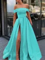 A-Line/Princess Off-the-Shoulder Sweep Train Satin Prom Dress With Leg Slit