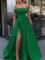 A-Line/Princess Off-the-Shoulder Sweep Train Satin Prom Dress With Leg Slit