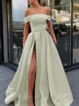 A-Line/Princess Off-the-Shoulder Sweep Train Satin Prom Dress With Leg Slit
