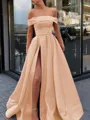 A-Line/Princess Off-the-Shoulder Sweep Train Satin Prom Dress With Leg Slit