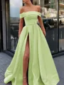 A-Line/Princess Off-the-Shoulder Sweep Train Satin Prom Dress With Leg Slit