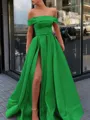 A-Line/Princess Off-the-Shoulder Sweep Train Satin Prom Dress With Leg Slit