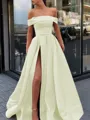 A-Line/Princess Off-the-Shoulder Sweep Train Satin Prom Dress With Leg Slit