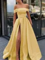 A-Line/Princess Off-the-Shoulder Sweep Train Satin Prom Dress With Leg Slit