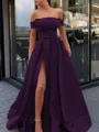 A-Line/Princess Off-the-Shoulder Sweep Train Satin Prom Dress With Leg Slit