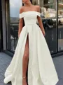 A-Line/Princess Off-the-Shoulder Sweep Train Satin Prom Dress With Leg Slit