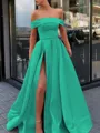 A-Line/Princess Off-the-Shoulder Sweep Train Satin Prom Dress With Leg Slit