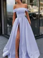 A-Line/Princess Off-the-Shoulder Sweep Train Satin Prom Dress With Leg Slit