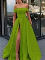 A-Line/Princess Off-the-Shoulder Sweep Train Satin Prom Dress With Leg Slit