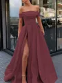 A-Line/Princess Off-the-Shoulder Sweep Train Satin Prom Dress With Leg Slit
