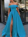 A-Line/Princess Off-the-Shoulder Sweep Train Satin Prom Dress With Leg Slit