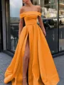A-Line/Princess Off-the-Shoulder Sweep Train Satin Prom Dress With Leg Slit