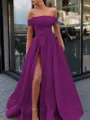 A-Line/Princess Off-the-Shoulder Sweep Train Satin Prom Dress With Leg Slit