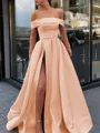 A-Line/Princess Off-the-Shoulder Sweep Train Satin Prom Dress With Leg Slit