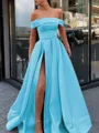 A-Line/Princess Off-the-Shoulder Sweep Train Satin Prom Dress With Leg Slit