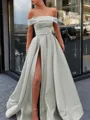 A-Line/Princess Off-the-Shoulder Sweep Train Satin Prom Dress With Leg Slit