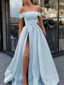 A-Line/Princess Off-the-Shoulder Sweep Train Satin Prom Dress With Leg Slit