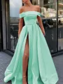 A-Line/Princess Off-the-Shoulder Sweep Train Satin Prom Dress With Leg Slit