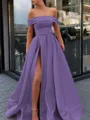 A-Line/Princess Off-the-Shoulder Sweep Train Satin Prom Dress With Leg Slit