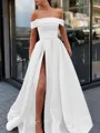 A-Line/Princess Off-the-Shoulder Sweep Train Satin Prom Dress With Leg Slit