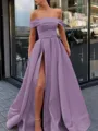 A-Line/Princess Off-the-Shoulder Sweep Train Satin Prom Dress With Leg Slit