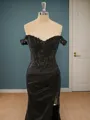 Sheath Silk Like Satin Off-the-Shoulder Appliques Lace Sweep Train Corset Porm Dress