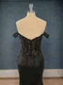 Sheath Silk Like Satin Off-the-Shoulder Appliques Lace Sweep Train Corset Porm Dress