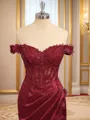 Sheath Silk Like Satin Off-the-Shoulder Appliques Lace Sweep Train Corset Porm Dress
