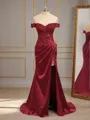 Sheath Silk Like Satin Off-the-Shoulder Appliques Lace Sweep Train Corset Porm Dress