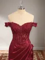 Sheath Silk Like Satin Off-the-Shoulder Appliques Lace Sweep Train Corset Porm Dress