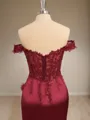 Sheath Silk Like Satin Off-the-Shoulder Appliques Lace Sweep Train Corset Porm Dress