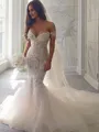 Trumpet/Mermaid Off-the-Shoulder Chapel Train Tulle Wedding Dresses