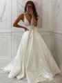 A-Line/Princess V-neck Chapel Train Satin Wedding Dresses