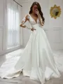 A-Line/Princess V-neck Court Train Satin Wedding Dresses