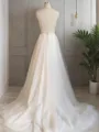A-Line/Princess V-neck Sweep Train Tulle Wedding Dresses With Appliques Lace