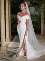 Sheath/Column Off-the-Shoulder Chapel Train Charmeuse Wedding Dresses With Leg Slit