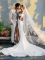Sheath/Column Off-the-Shoulder Chapel Train Charmeuse Wedding Dresses With Leg Slit